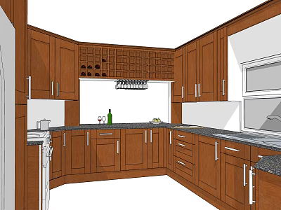 Brown Wooden Kitchen Cabinets In Modern Interior With Countertop Wine Rack And Appliances 3d model