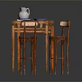Wooden Dining Table With High Wicker Chairs Water Jug And Decorative Plates
