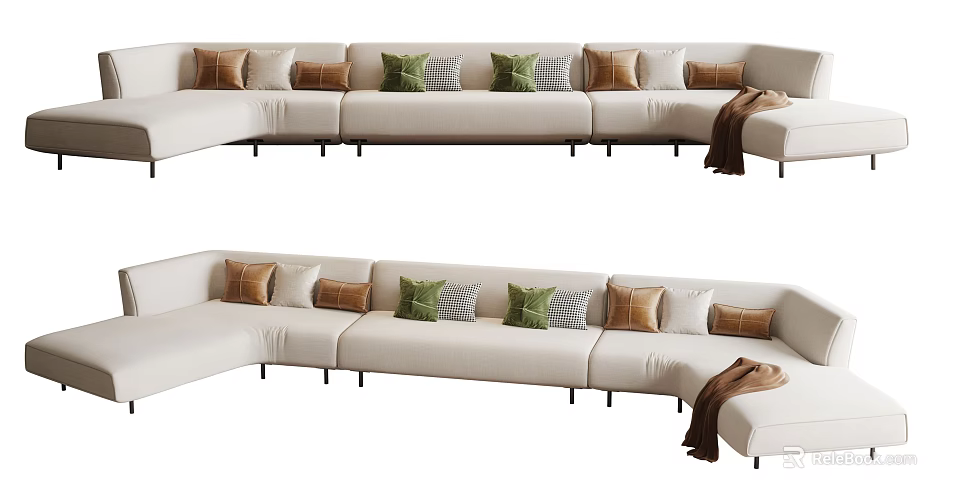 Beige Sectional Sofa With Multiple Colored Cushions Plaid Patterns And Throw Blanket 3d model