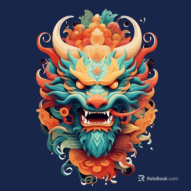 Intricate Dragon Head Sculpture With Blue Green Orange Curled Ornaments And Ornate Design 3d model 
