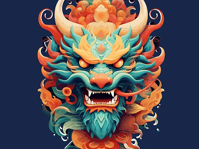 Intricate Dragon Head Sculpture With Blue Green Orange Curled Ornaments And Ornate Design 3d model