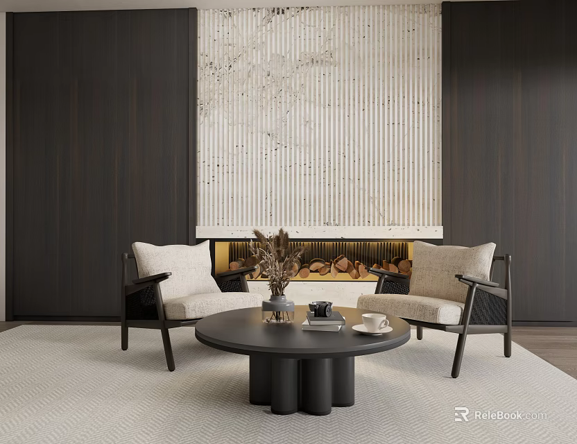 Modern Accent Chairs in Living Room with Round Black Coffee Table Fireplace and Light Rug 3d model 