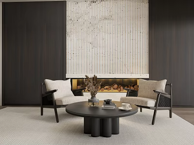 Modern Accent Chairs in Living Room with Round Black Coffee Table Fireplace and Light Rug 3d model