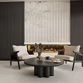 Modern Accent Chairs in Living Room with Round Black Coffee Table Fireplace and Light Rug