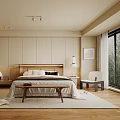 Modern Minimalist Bedroom Interior With Wooden Bed Nightstand Area Rug And Window
