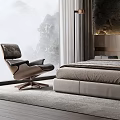 Bedroom Interior With Decorative Wall Large Bed Nightstand Accent Chair And Window View