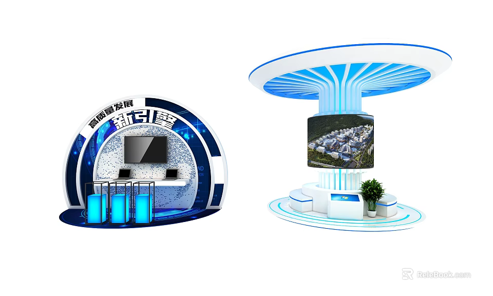 Modern Display Shelves With Curved Structure Blue Lighting And Display Screen 3d model