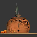 Cartoon Scene Featuring Orange Teapot Shaped House with Green Leaves Smoky Chimney Pumpkins and Stones