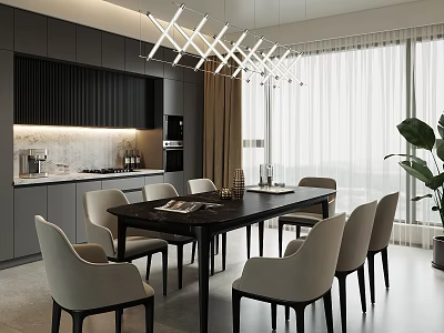 Modern Restaurant Interior With Black Cabinets Chandelier Dining Table Chairs Large Windows And Plant 3d model