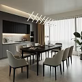 Modern Restaurant Interior With Black Cabinets Chandelier Dining Table Chairs Large Windows And Plant