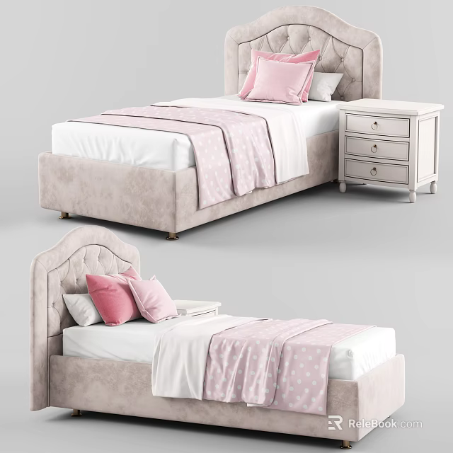 Comfortable Single Bed Featuring Beige Headboard Pink Pillows White Sheets and Polka Dot Blanket 3d model
