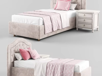 Comfortable Single Bed Featuring Beige Headboard Pink Pillows White Sheets and Polka Dot Blanket 3d model