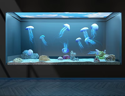Stunning Aquarium Fish Tank Display With Blue Lighting Transparent Jellyfish Colorful Corals And Decorative Stones 3d model