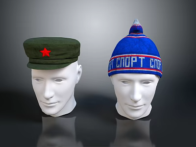 Green Military Hat With Red Star And Blue Knit Cap With SPOPT GOR Text 3d model
