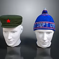 Green Military Hat With Red Star And Blue Knit Cap With SPOPT GOR Text