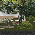 Scenic Garden Landscape With Tents Trees Tables Chairs And Green Plants