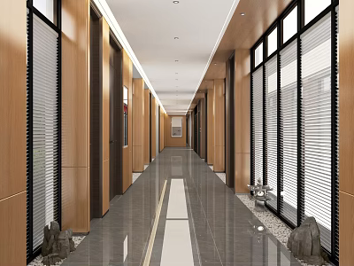 Modern Elevator Hallway Design With Wooden Walls Blinds Polished Floor And Decorative Stones 3d model