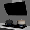 Modern Kitchen Appliances Range Hood And Gas Stove With Black Beige Lidded Pots Blue Flames