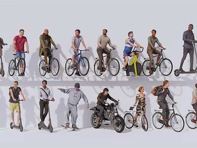 Group of People Riding Different Types of Transport Such As Bicycles Scooters And Motorcycles 3d model