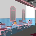 Casual Lounge Area With Red Tables Chairs Starry Sky Painting Green Plant And Blue Tiles