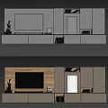 Modern TV Cabinet With Wooden Panel And Decorative Frames Books And Potted Plant