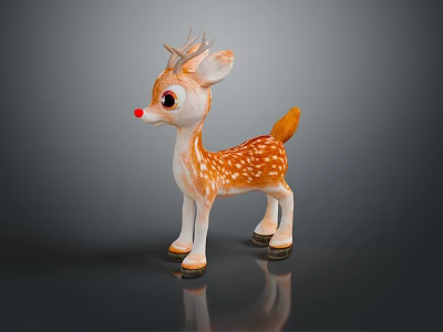 Cute Brown And White Spotted Reindeer Toy With Red Nose Yellow Tail And Antlers 3d model