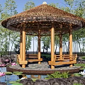 Scenic Park Landscape With Bamboo Thatched Pavilion Lotus Pond And Stone Benches