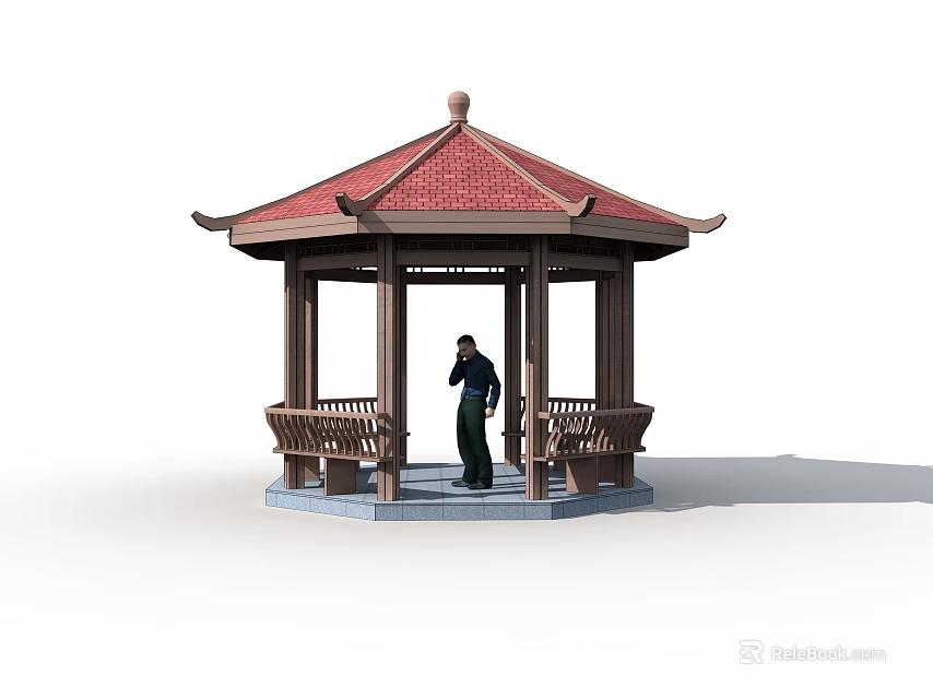 Red Roofed Pavilion With Wooden Structure Benches And Person Standing Inside 3d model 