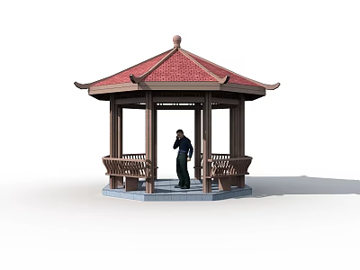 Red Roofed Pavilion With Wooden Structure Benches And Person Standing Inside 3d model