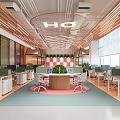Modern Library Art Space Interior With Geometric Ceiling And Pink Chairs 3d model