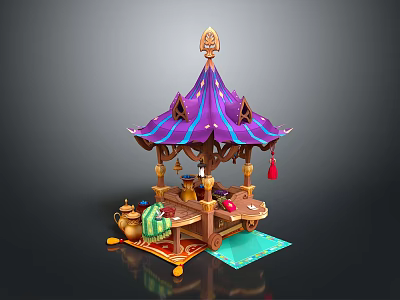 Purple Blue Decorative Canopy Wooden Table with Teapot Cups Towel Colorful Mat Daily Items 3d model