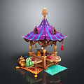Purple Blue Decorative Canopy Wooden Table with Teapot Cups Towel Colorful Mat Daily Items