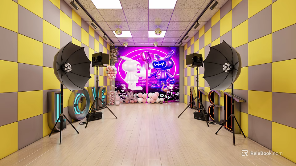 Public Office Space Featuring Yellow Gray Checkered Walls Neon Lights Photography Umbrellas And Wooden Floor 3d model 