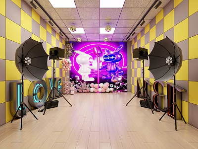 Public Office Space Featuring Yellow Gray Checkered Walls Neon Lights Photography Umbrellas And Wooden Floor 3d model