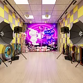 Public Office Space Featuring Yellow Gray Checkered Walls Neon Lights Photography Umbrellas And Wooden Floor