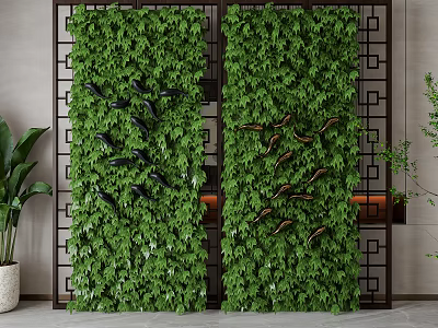 Green Plant Wall Room Divider with Black Geometric Frame in Modern Indoor Space Design 3d model