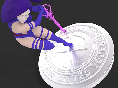 Purple Haired Female Character In Blue Outfit With Pink Weapon On Strange Academy Platform 3d model