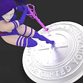 Purple Haired Female Character In Blue Outfit With Pink Weapon On Strange Academy Platform