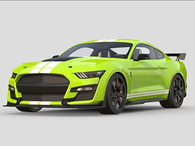 Neon Yellow Two Door Sports Car With White Stripes Black Wheels And Rear Spoiler 3d model