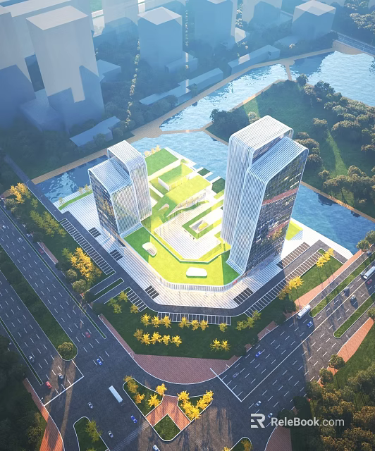 Aerial Planning of Modern High Rise Buildings With Central Green Space and River Surroundings 3d model 
