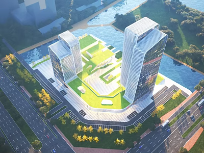 Aerial Planning of Modern High Rise Buildings With Central Green Space and River Surroundings 3d model