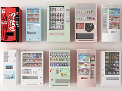 Diverse Commercial Vending Machines With Colorful Designs As Business Equipment 3d model