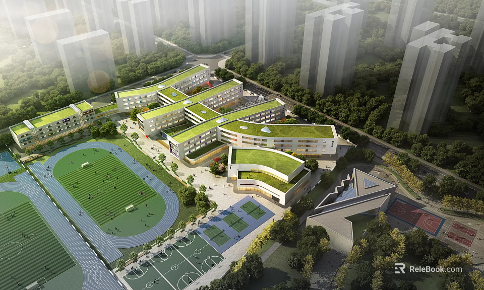 Modern School Buildings With Green Roofs Playground Track And Basketball Courts Surrounded By Trees 3d model 