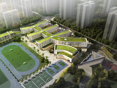 Modern School Buildings With Green Roofs Playground Track And Basketball Courts Surrounded By Trees 3d model