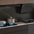 Modern Open Kitchen Interior With Gas Stove Cookware Range Hood And Cabinets