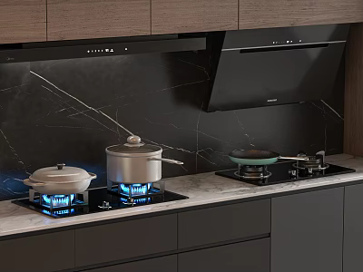 Modern Open Kitchen Interior With Gas Stove Cookware Range Hood And Cabinets 3d model