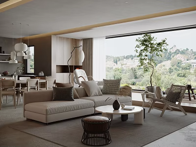 Modern Open Living and Dining Room With Beige Sofa Large Window And Tree View 3d model