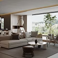 Modern Open Living and Dining Room With Beige Sofa Large Window And Tree View