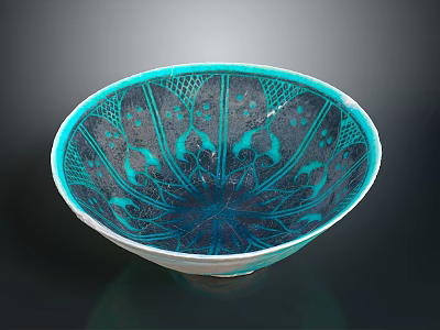 Exquisite Carved Decorative Bowl With Turquoise And Black Intricate Sculptural Patterns 3d model