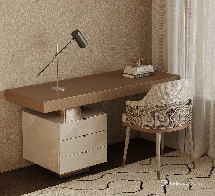 Modern Luxury Wooden Home Study Desk With Marble Storage Cabinet And Stylish Upholstered Chair 3d model 